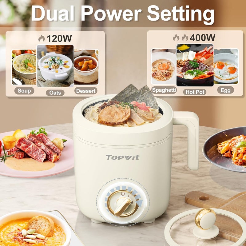 TopWit Hot Pot Electric Pot for Cooking, Ramen Cooker 1.2L, Non-Stick Portable Noodles Cooker for Pasta, Soup, Steak, Oatmeal, College Dorm Room Essentials, Shabu Shabu Pot with Power Adjustment,Beige - Image 4